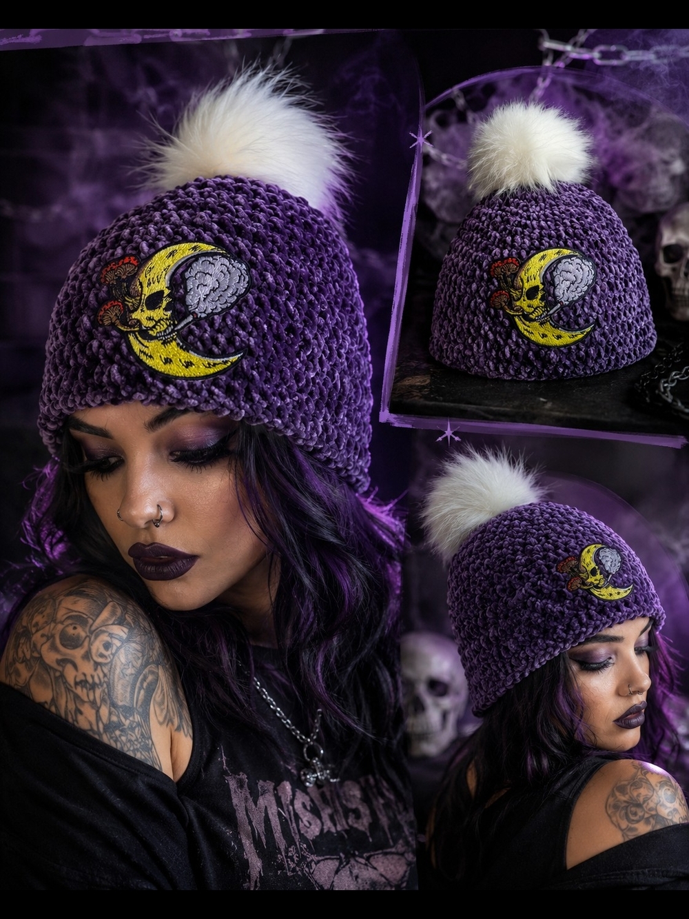 Purple Moon Skull Pom Beanie - Brand